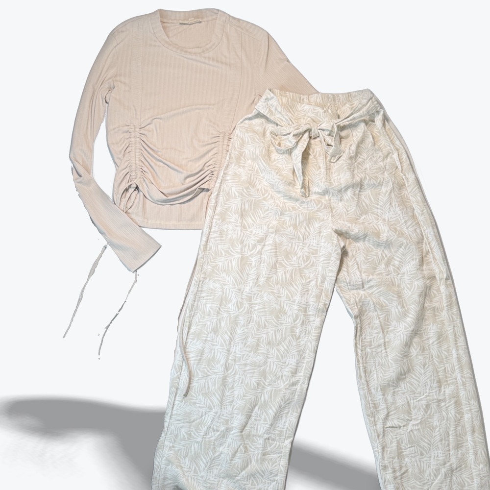 Two Piece Set Midnight Sky Wide Leg Pants & Matching Top Long Sleeve Palm Linen